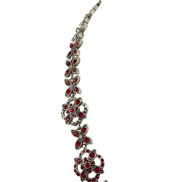Napier Vintage Red Rhinestone Flower Statement Necklace Silver Tone - Picture 7 of 9